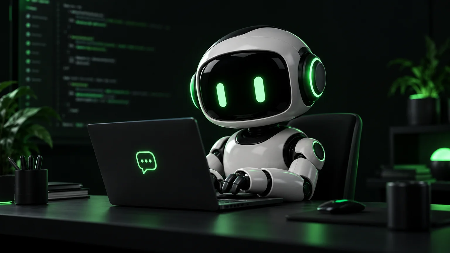 Robô do Papo de Prompt trabalhando em um laptop