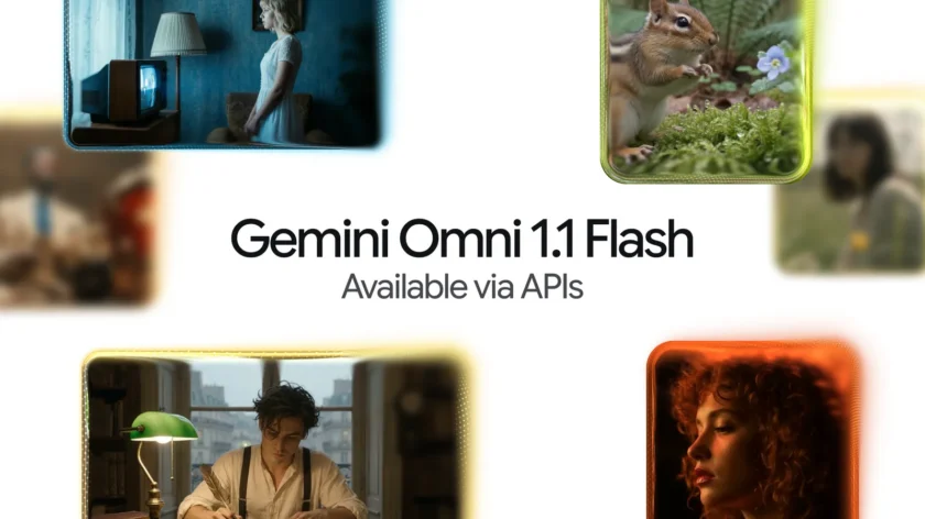 Colagem com cenas de pessoas, um esquilo e o texto Gemini Omni 1.1 Flash.