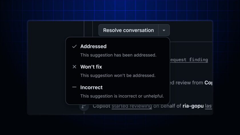 Ilustração oficial do GitHub sobre a revisão de código do Copilot em pull requests