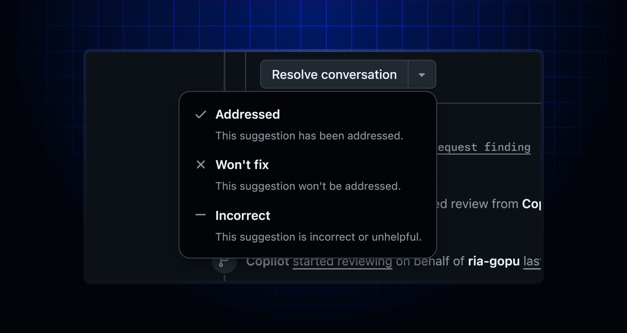 Ilustração oficial do GitHub sobre a revisão de código do Copilot em pull requests