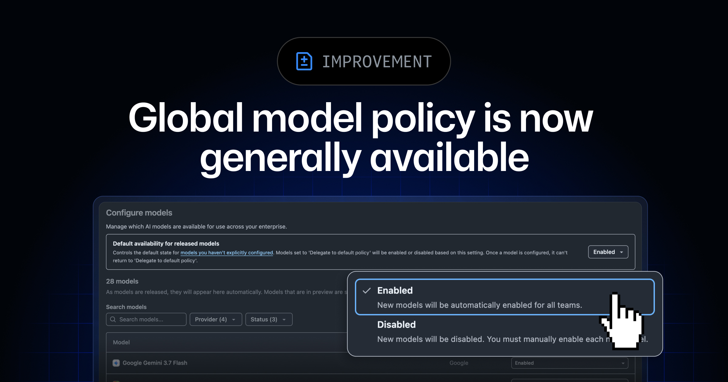 Interface do GitHub Copilot com configurações da política global de modelos