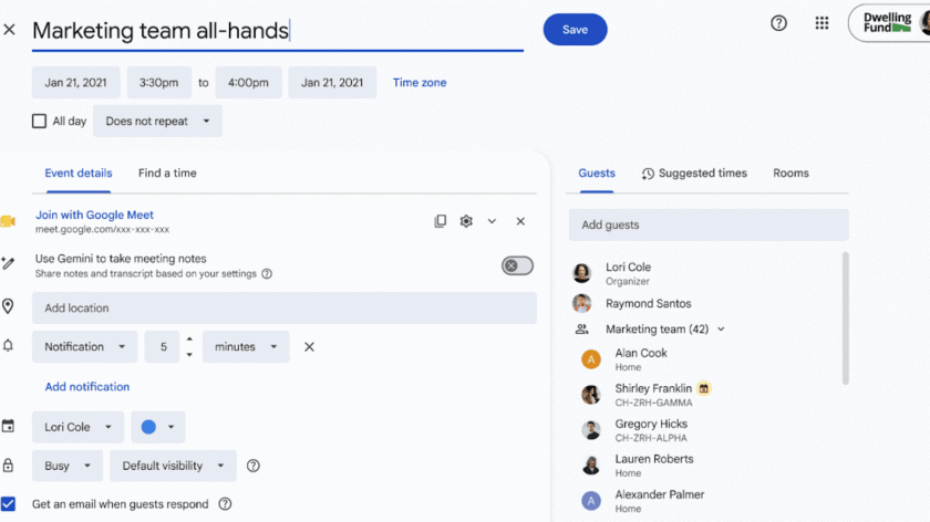 Google Calendar com opção para suprimir respostas por e-mail a convites e atualizações