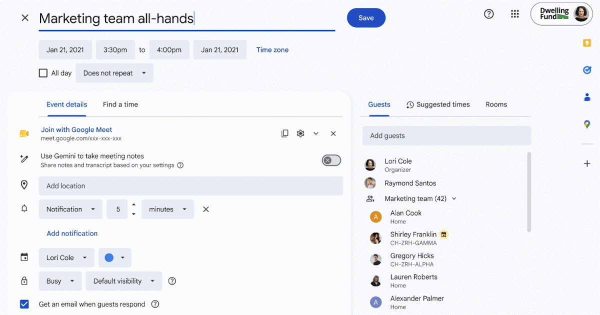Google Calendar com opção para suprimir respostas por e-mail a convites e atualizações
